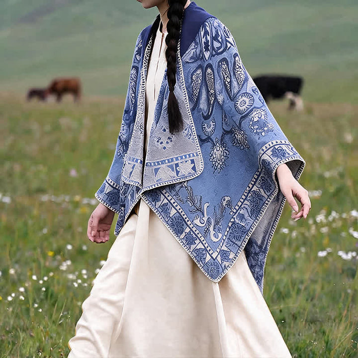 Buddha Stones Poncho/scialle stile boho con cappuccio, fantasia paisley geometrica, autunno/inverno. - image 8