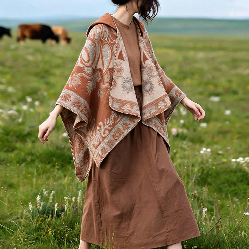 Buddha Stones Poncho/scialle stile boho con cappuccio, fantasia paisley geometrica, autunno/inverno. - image 24