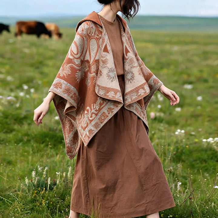 Buddha Stones Poncho/scialle stile boho con cappuccio, fantasia paisley geometrica, autunno/inverno. - image 24