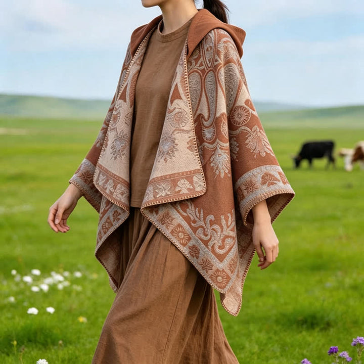 Buddha Stones Poncho/scialle stile boho con cappuccio, fantasia paisley geometrica, autunno/inverno. - image 23