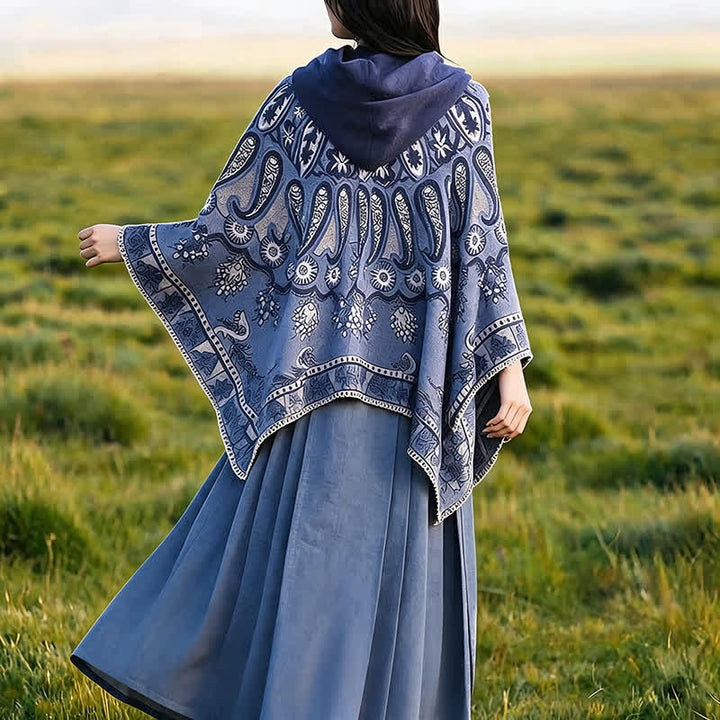 Buddha Stones Poncho/scialle stile boho con cappuccio, fantasia paisley geometrica, autunno/inverno. - image 9