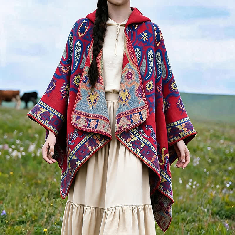 Buddha Stones Poncho/scialle stile boho con cappuccio, fantasia paisley geometrica, autunno/inverno. - Cremisi - 130*150CM - image 12
