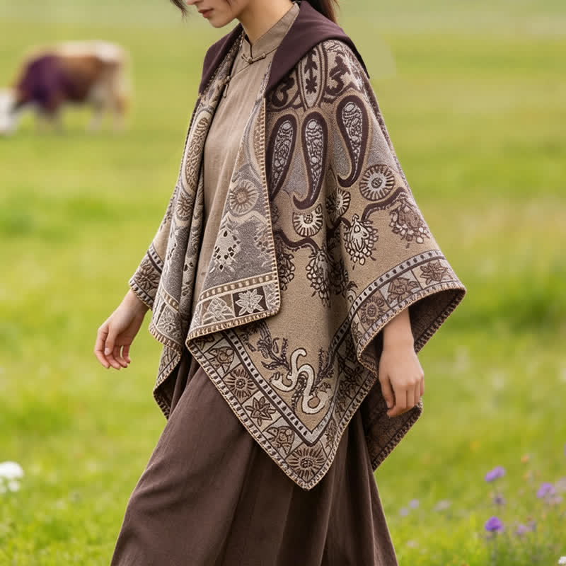 Buddha Stones Poncho/scialle stile boho con cappuccio, fantasia paisley geometrica, autunno/inverno. - image 28