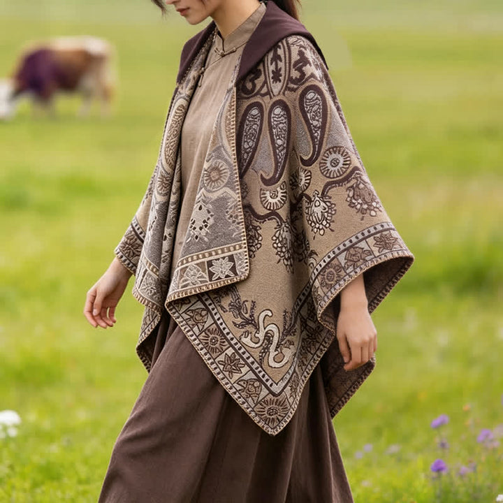Buddha Stones Poncho/scialle stile boho con cappuccio, fantasia paisley geometrica, autunno/inverno. - image 28