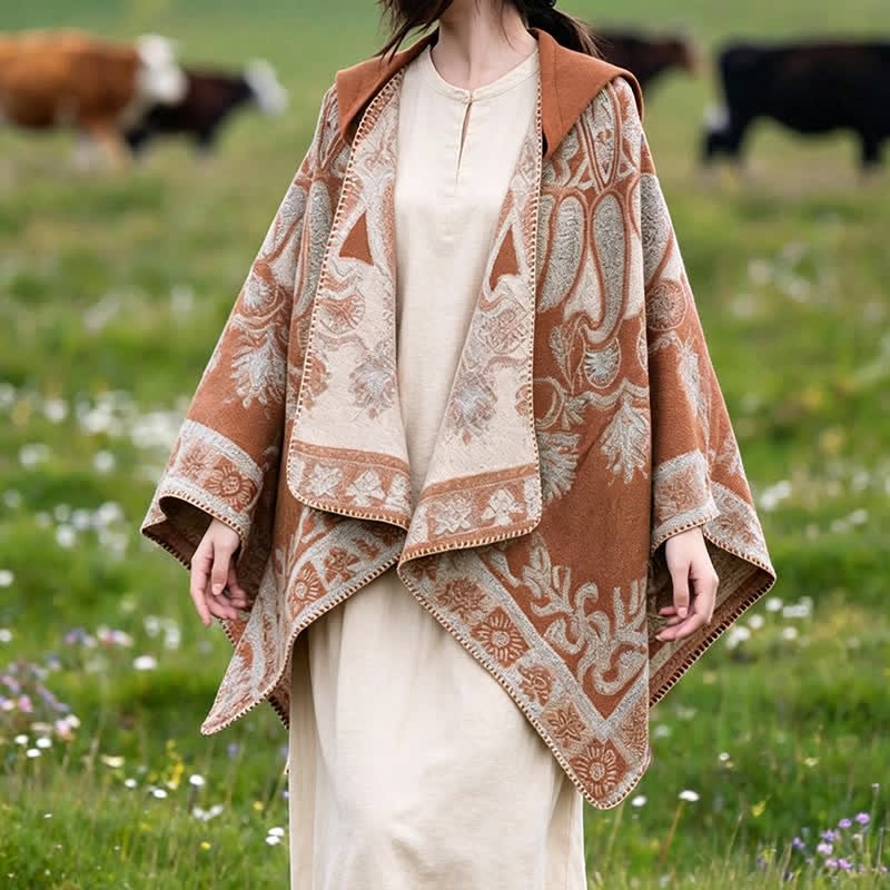 Buddha Stones Poncho/scialle stile boho con cappuccio, fantasia paisley geometrica, autunno/inverno. - SandyBrown - 130*150CM - image 22