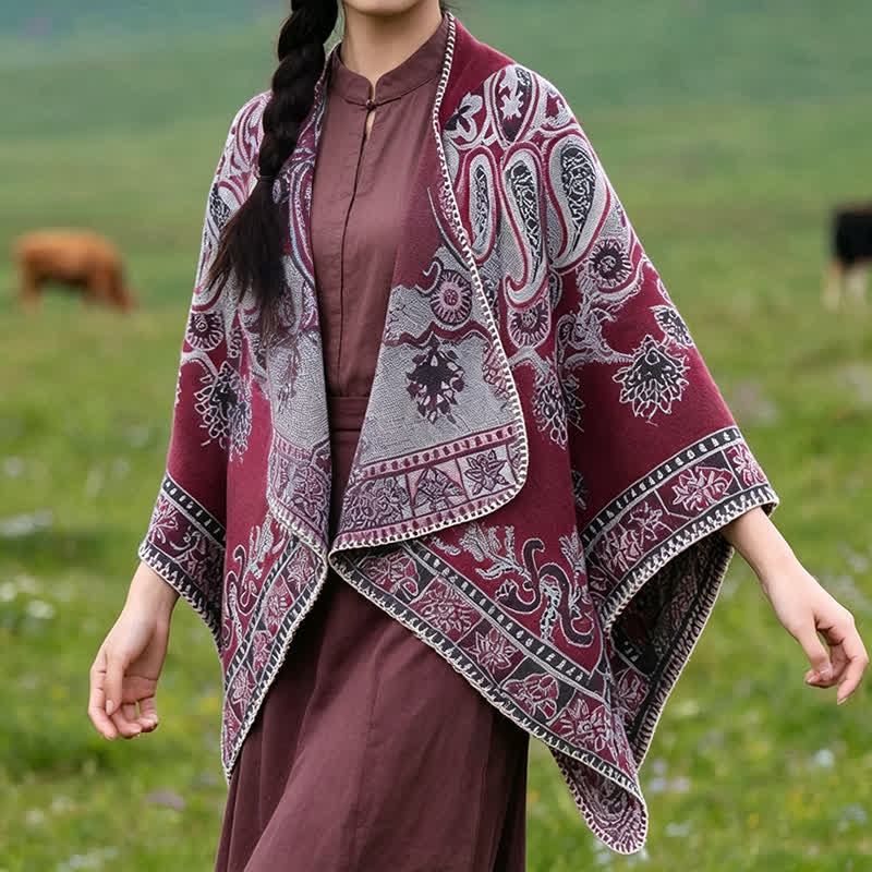 Buddha Stones Poncho/scialle stile boho con cappuccio, fantasia paisley geometrica, autunno/inverno. - Borgogna - 130*150CM - image 17