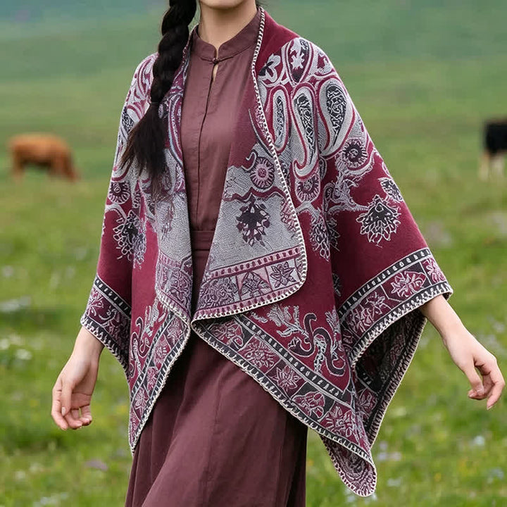 Buddha Stones Poncho/scialle stile boho con cappuccio, fantasia paisley geometrica, autunno/inverno. - Borgogna - 130*150CM - image 17