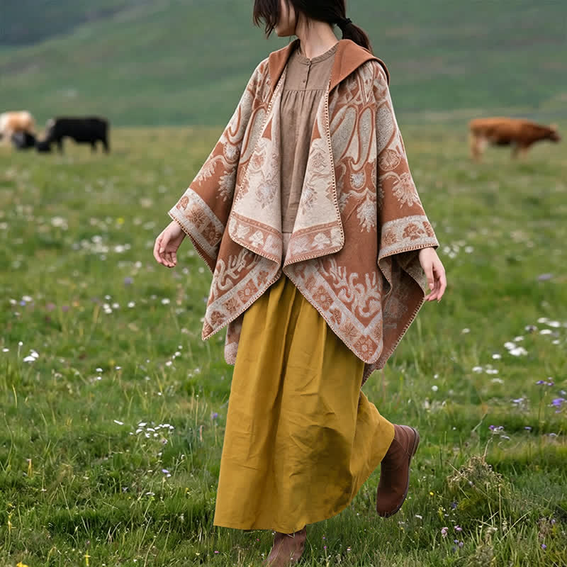 Buddha Stones Poncho/scialle stile boho con cappuccio, fantasia paisley geometrica, autunno/inverno. - image 25