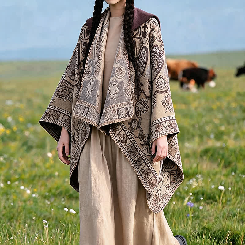 Buddha Stones Poncho/scialle stile boho con cappuccio, fantasia paisley geometrica, autunno/inverno. - image 29
