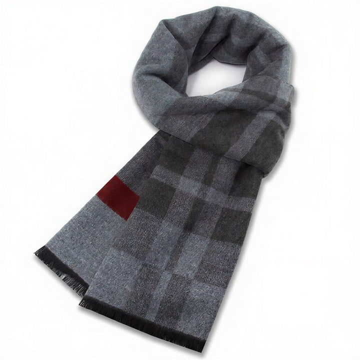Sciarpa da uomo classica autunno/inverno Buddha Stones a quadri grigi con frange, comoda e accogliente. - Quadri grigi e rossi - image 10