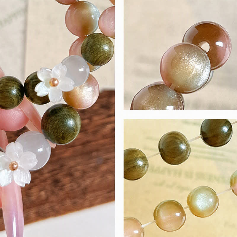 Buddha Stones Bracciale Serenity con ciondolo a forma di fiore occhio di gatto in legno di sandalo verde. - image 12