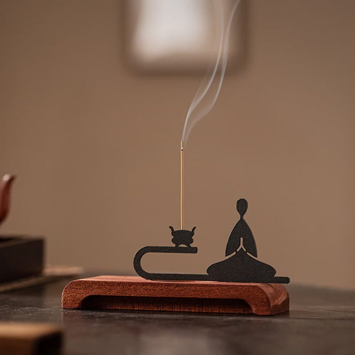Buddha Stones Bruciatore di incenso da meditazione Zen Monk in legno naturale e ferro - image 4
