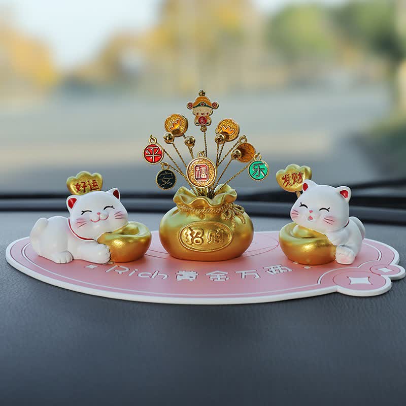 Buddha Stones Sacchetto portafortuna a forma di gatto in resina, decorazione a forma di animale carino per la prosperità - Buona fortuna + prosperità + dio della ricchezza + base rosa - image 16
