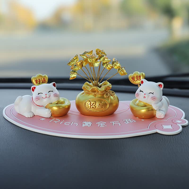 Buddha Stones Sacchetto portafortuna a forma di gatto in resina, decorazione a forma di animale carino per la prosperità - Buona fortuna + prosperità + lingotto + base rosa - image 14