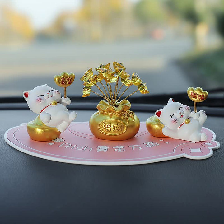 Buddha Stones Sacchetto portafortuna a forma di gatto in resina, decorazione a forma di animale carino per la prosperità - Ricchezza improvvisa + Soldi facili + Lingotto + Base rosa - image 15