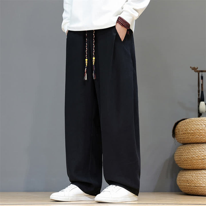 Buddha Stones Pantaloni lunghi da uomo a gamba dritta, tinta unita, con coulisse, ideali per autunno/inverno, con tasche. - Nero - US/UK/AU46, EU56 (5XL) - image 12