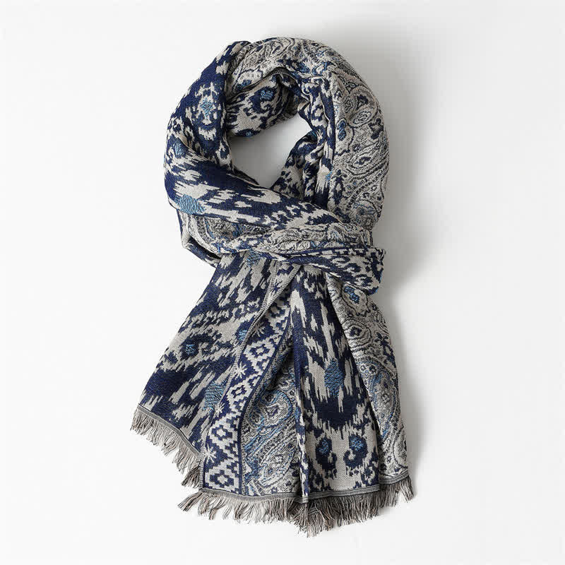 Sciarpa da uomo reversibile autunno/inverno con motivo paisley geometrico e nappe, ispirata Buddha Stones. - Acciaio Blu Circa 25,6 pollici × 70,9 pollici / 65 × 180 cm - image 9