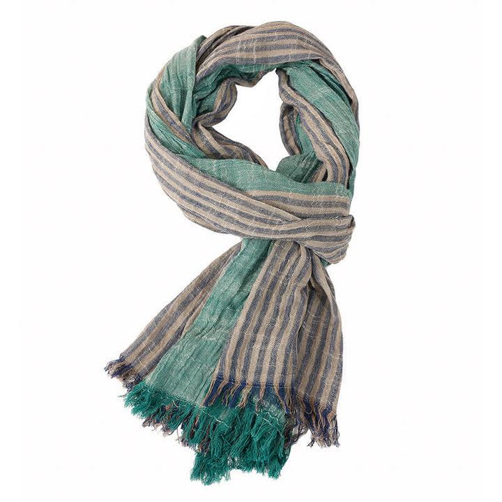 Sciarpa da uomo da viaggio con motivo a righe e blocchi di colore, con nappe, ispirata a Buddha Stones per primavera e autunno. - Verde - Circa 27,6 pollici × 70,9 pollici / 70 × 180 cm - image 20