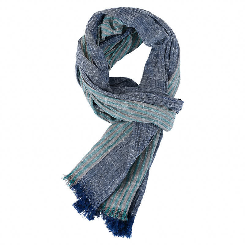 Sciarpa da uomo da viaggio con motivo a righe e blocchi di colore, con nappe, ispirata a Buddha Stones per primavera e autunno. - Verde acciaio - Circa 27,6 pollici × 70,9 pollici / 70 × 180 cm - image 26