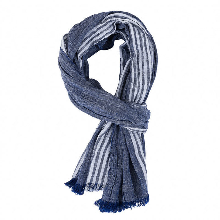 Sciarpa da uomo da viaggio con motivo a righe e blocchi di colore, con nappe, ispirata a Buddha Stones per primavera e autunno. - Blu navy - Circa 27,6 pollici × 70,9 pollici / 70 × 180 cm - image 4