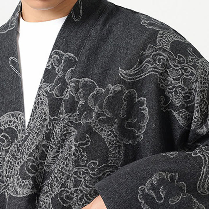 Buddha Stones Kimono da uomo primaverile vintage con coulisse e stampa di draghi e nuvole, con tasche. - image 21
