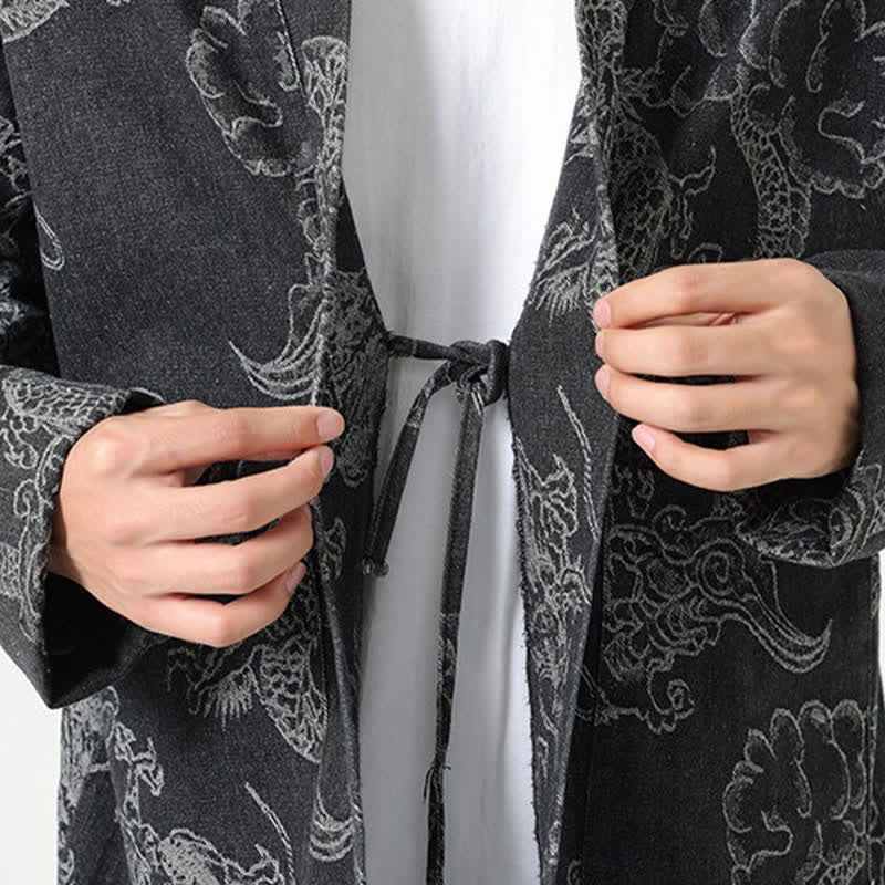 Buddha Stones Kimono da uomo primaverile vintage con coulisse e stampa di draghi e nuvole, con tasche. - image 22