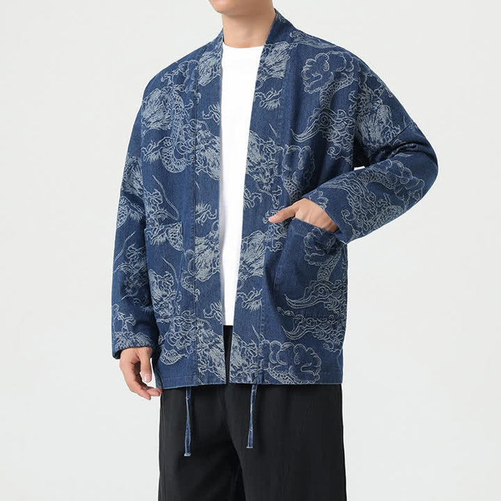 Buddha Stones Kimono da uomo primaverile vintage con coulisse e stampa di draghi e nuvole, con tasche. - image 3