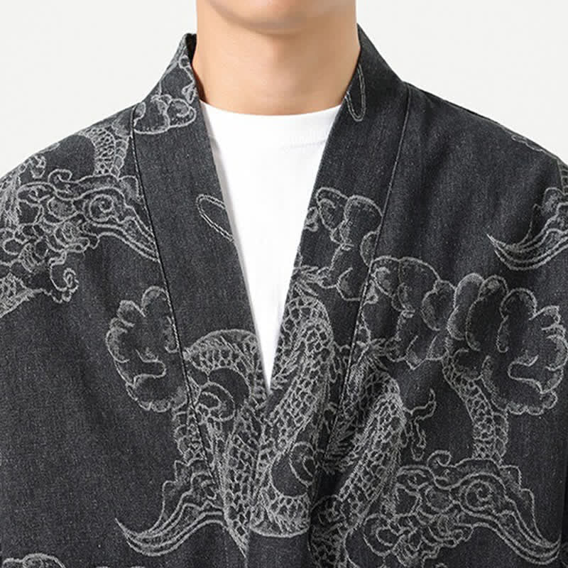 Buddha Stones Kimono da uomo primaverile vintage con coulisse e stampa di draghi e nuvole, con tasche. - image 20