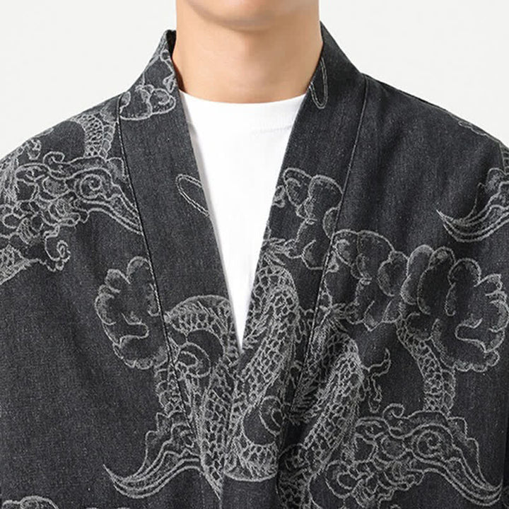 Buddha Stones Kimono da uomo primaverile vintage con coulisse e stampa di draghi e nuvole, con tasche. - image 20