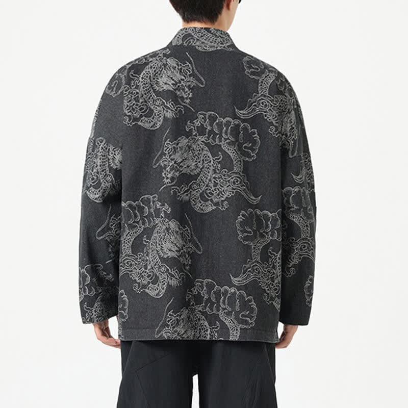 Buddha Stones Kimono da uomo primaverile vintage con coulisse e stampa di draghi e nuvole, con tasche. - image 12