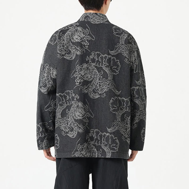 Buddha Stones Kimono da uomo primaverile vintage con coulisse e stampa di draghi e nuvole, con tasche. - image 12