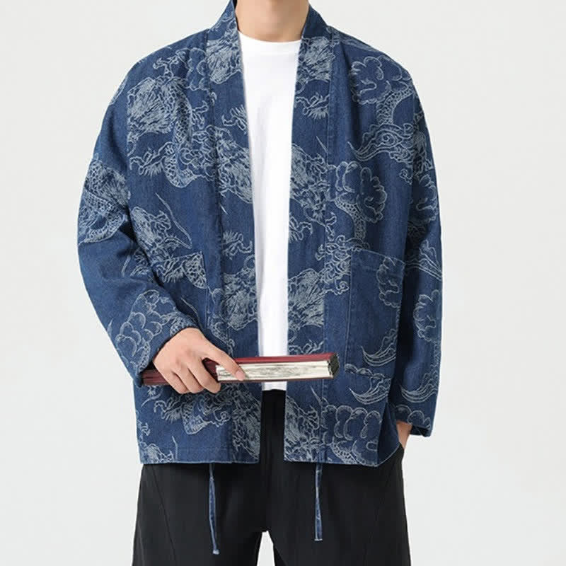 Buddha Stones Kimono da uomo primaverile vintage con coulisse e stampa di draghi e nuvole, con tasche. - image 5