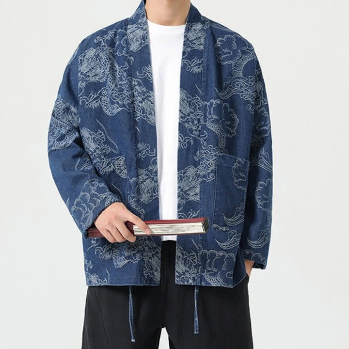 Buddha Stones Kimono da uomo primaverile vintage con coulisse e stampa di draghi e nuvole, con tasche. - image 5