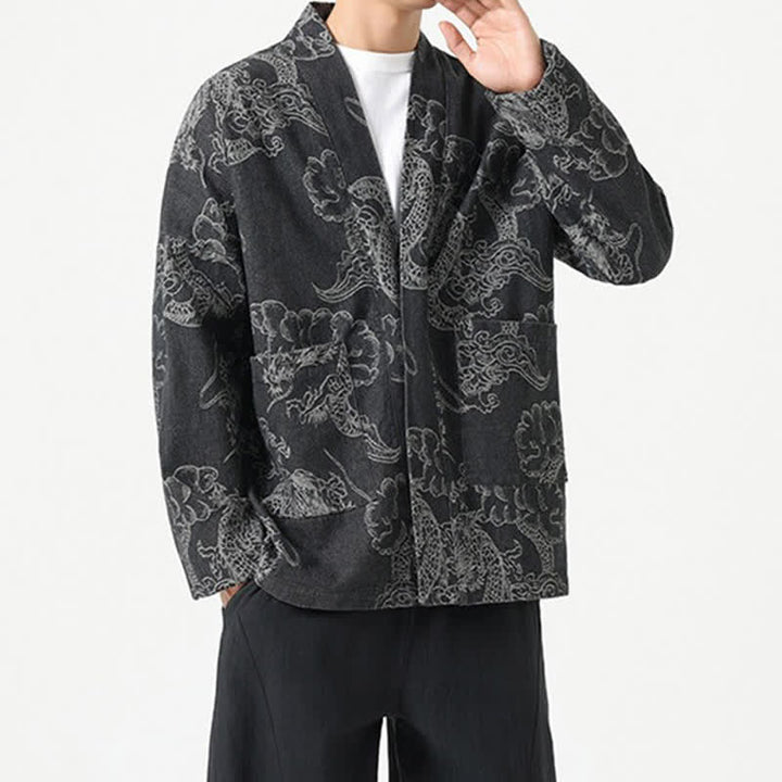 Buddha Stones Kimono da uomo primaverile vintage con coulisse e stampa di draghi e nuvole, con tasche. - image 16