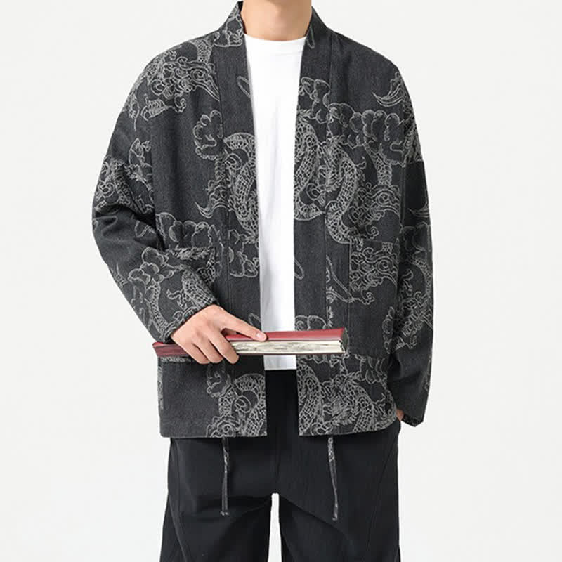 Buddha Stones Kimono da uomo primaverile vintage con coulisse e stampa di draghi e nuvole, con tasche. - image 9