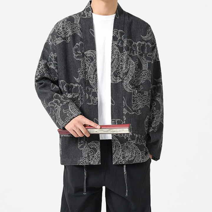 Buddha Stones Kimono da uomo primaverile vintage con coulisse e stampa di draghi e nuvole, con tasche. - image 9