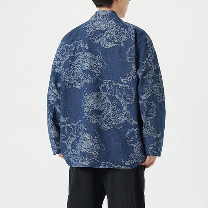 Buddha Stones Kimono da uomo primaverile vintage con coulisse e stampa di draghi e nuvole, con tasche. - image 4