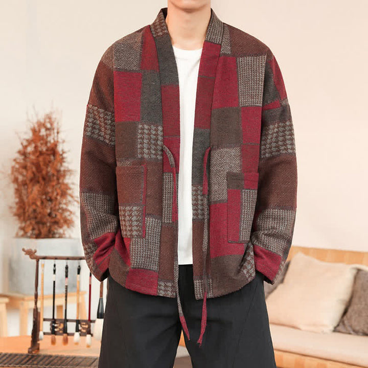 Buddha Stones Kimono da uomo casual vintage con coulisse, motivo a quadri e patchwork, con tasche, ideale per autunno/inverno. - Marrone - US/UK/AU42, EU52 (3XL) - image 20