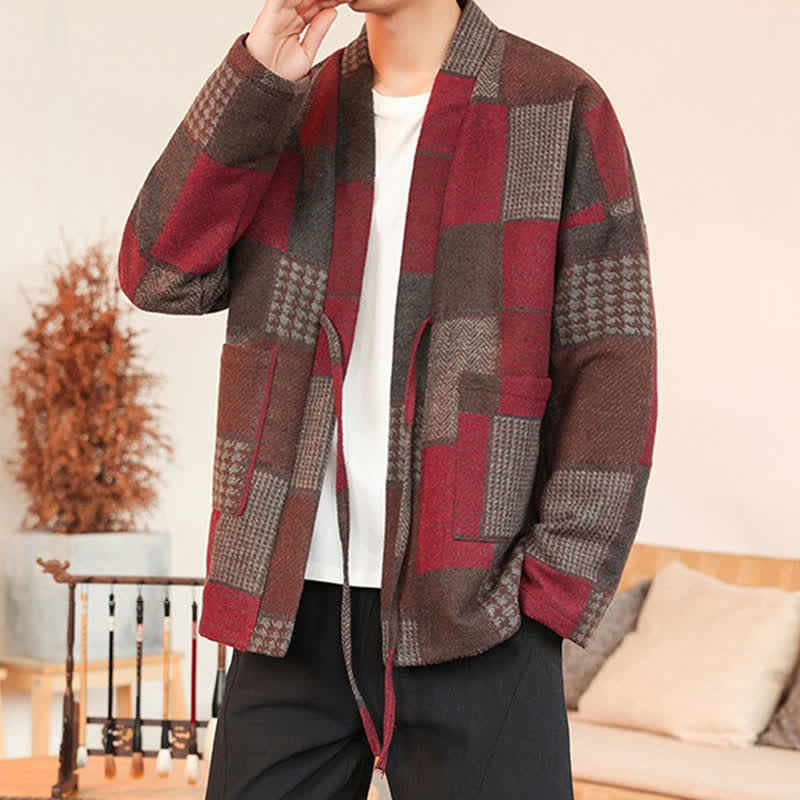 Buddha Stones Kimono da uomo casual vintage con coulisse, motivo a quadri e patchwork, con tasche, ideale per autunno/inverno. - image 25