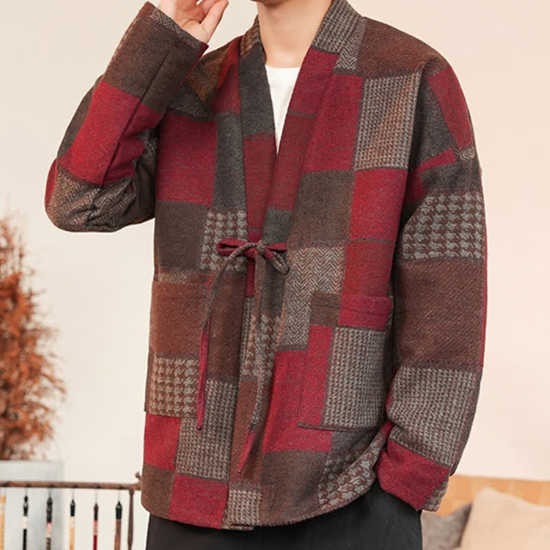 Buddha Stones Kimono da uomo casual vintage con coulisse, motivo a quadri e patchwork, con tasche, ideale per autunno/inverno. - image 26