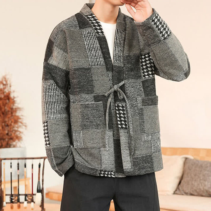 Buddha Stones Kimono da uomo casual vintage con coulisse, motivo a quadri e patchwork, con tasche, ideale per autunno/inverno. - image 9