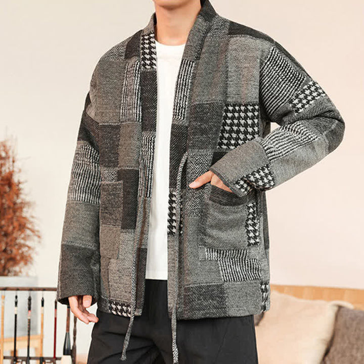Buddha Stones Kimono da uomo casual vintage con coulisse, motivo a quadri e patchwork, con tasche, ideale per autunno/inverno. - image 11