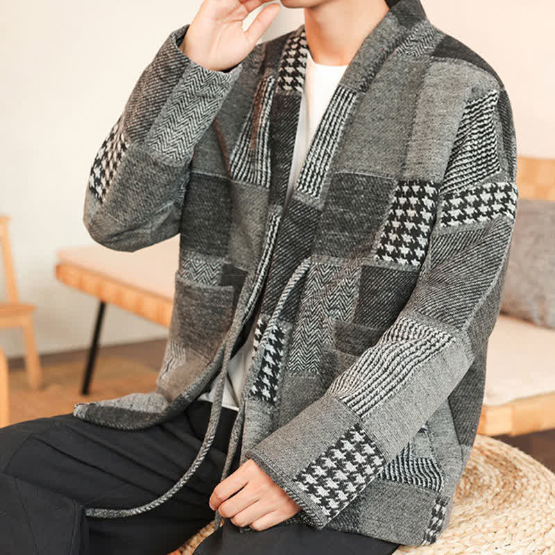 Buddha Stones Kimono da uomo casual vintage con coulisse, motivo a quadri e patchwork, con tasche, ideale per autunno/inverno. - image 15
