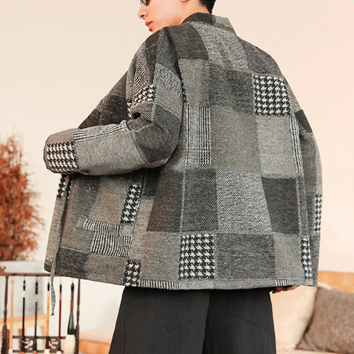 Buddha Stones Kimono da uomo casual vintage con coulisse, motivo a quadri e patchwork, con tasche, ideale per autunno/inverno. - image 12