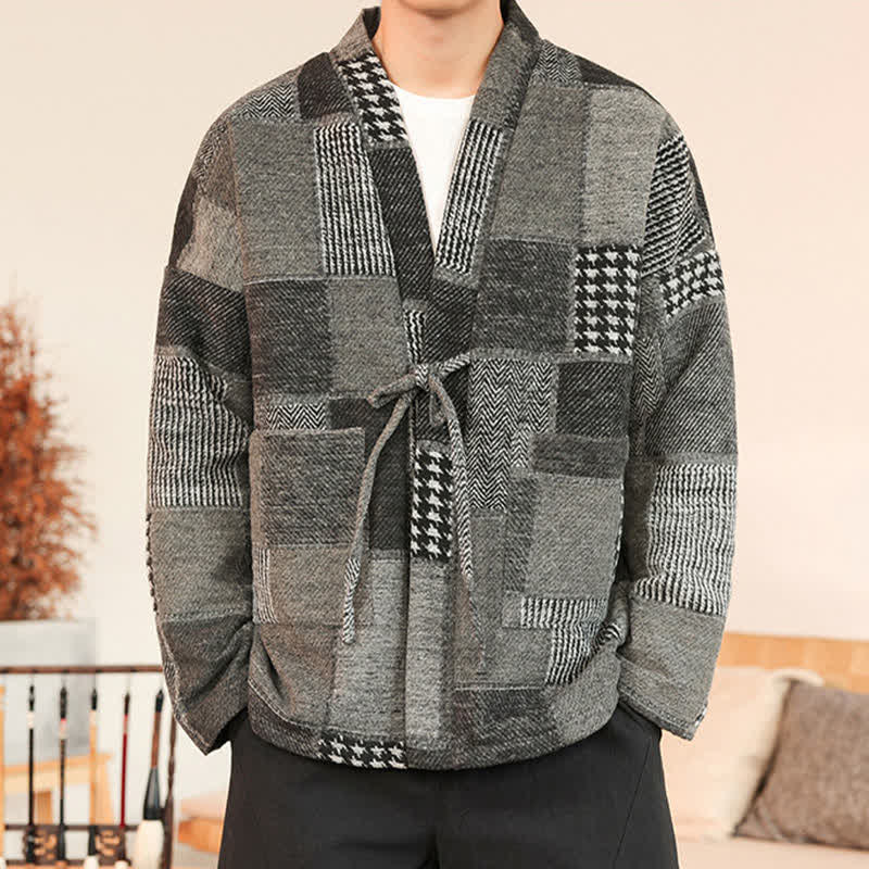 Buddha Stones Kimono da uomo casual vintage con coulisse, motivo a quadri e patchwork, con tasche, ideale per autunno/inverno. - image 14