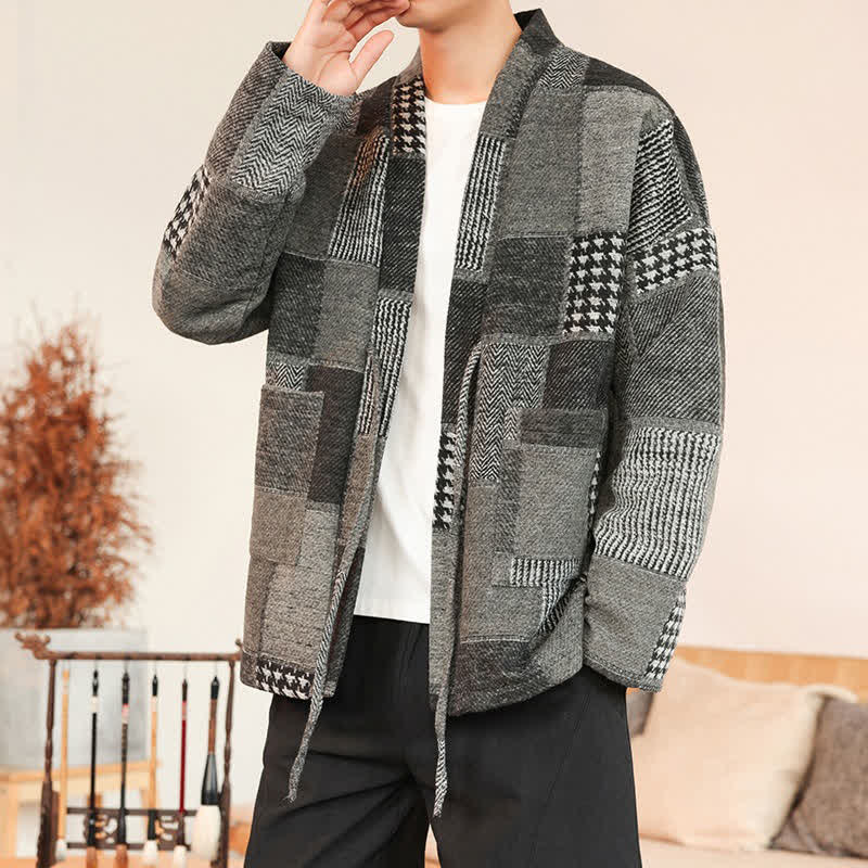 Buddha Stones Kimono da uomo casual vintage con coulisse, motivo a quadri e patchwork, con tasche, ideale per autunno/inverno. - image 13