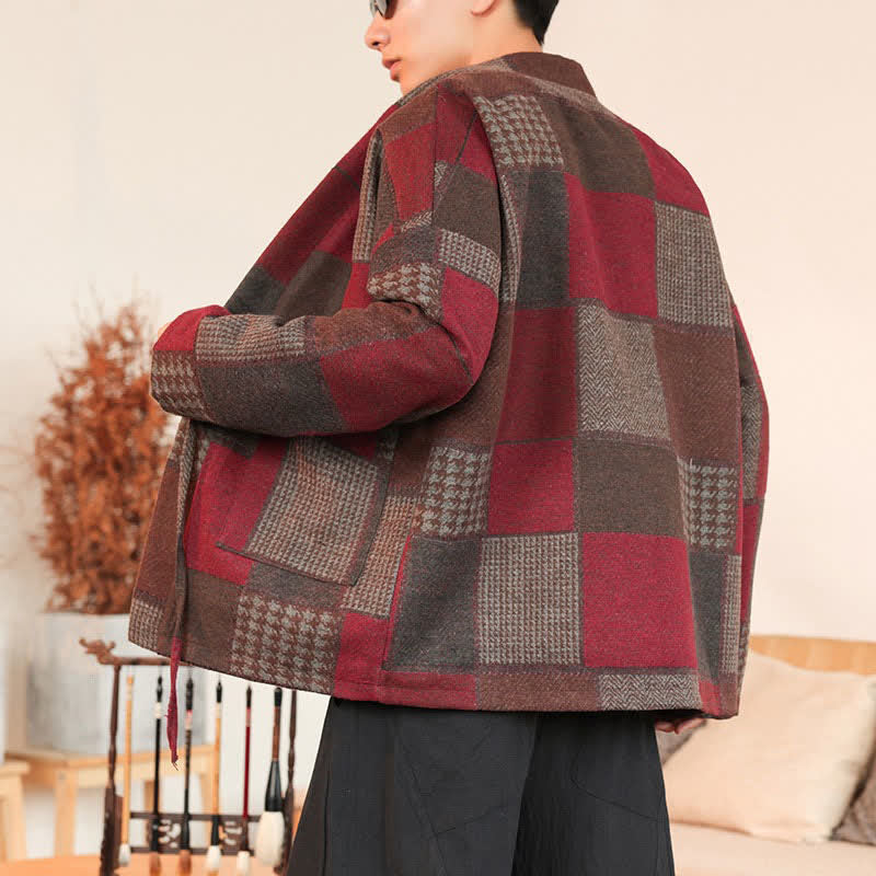 Buddha Stones Kimono da uomo casual vintage con coulisse, motivo a quadri e patchwork, con tasche, ideale per autunno/inverno. - image 24