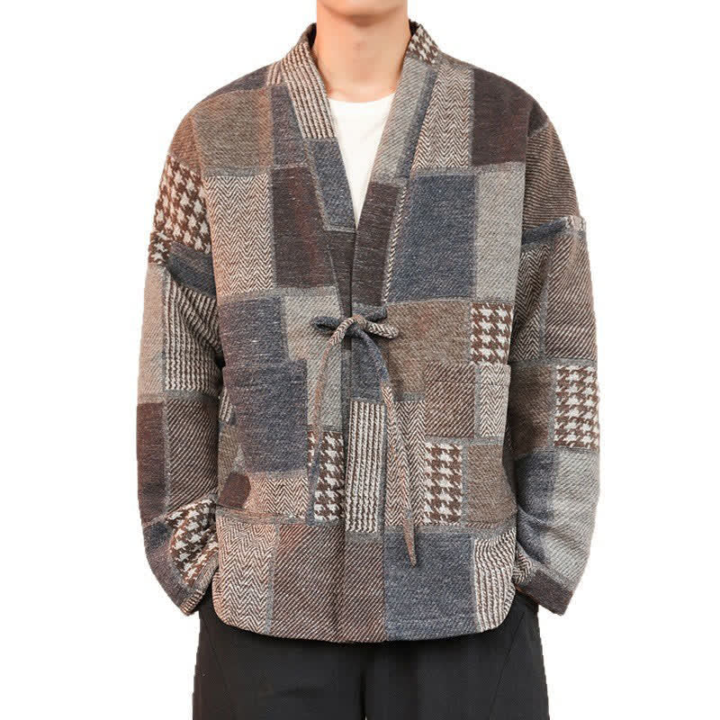 Buddha Stones Kimono da uomo casual vintage con coulisse, motivo a quadri e patchwork, con tasche, ideale per autunno/inverno. - image 7