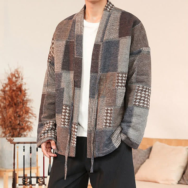 Buddha Stones Kimono da uomo casual vintage con coulisse, motivo a quadri e patchwork, con tasche, ideale per autunno/inverno. - image 6