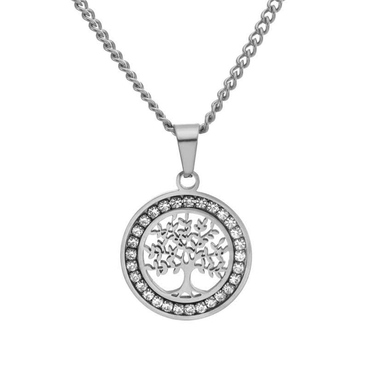 Buddha Stones Collana con ciondolo rotondo "Albero della Vita" in acciaio al titanio - Argento - image 1